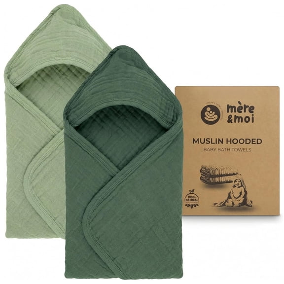 Mère & Moi: Muslin Hooded Baby Bath Towel – 2 Pack, Light & Dark Green - 30", Soft Cotton, Absorbent, Quick-Dry, Oeko-TEX, Pool-Water, Newborn-Toddler