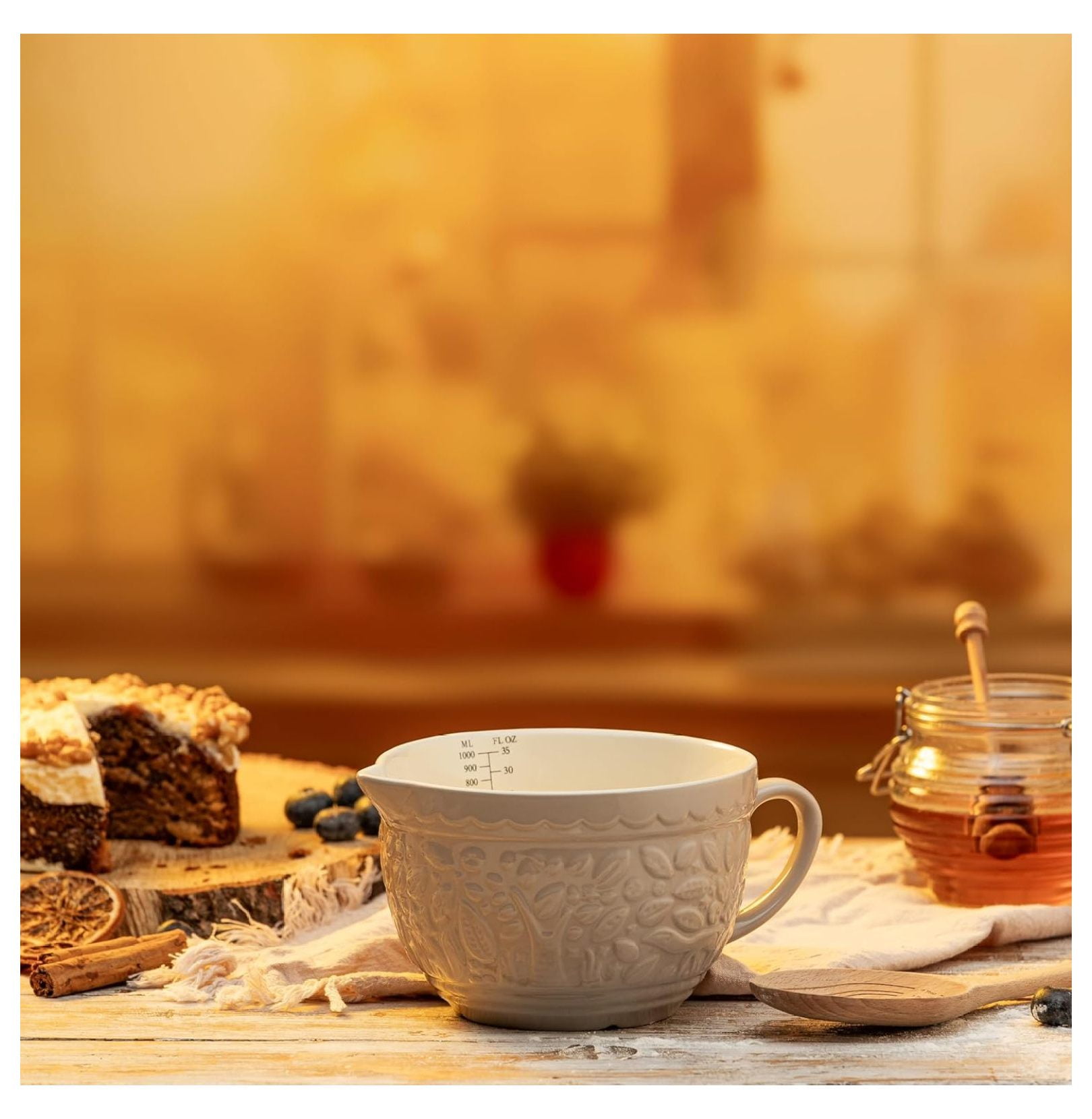 Measuring Jug 1 Quart - In The Forest Collection Stoneware Pitcher - 34oz Embossed Fox Design - Kitchen Measuring Cup for Baking, Cooking, & Liquid - Dishwasher Safe