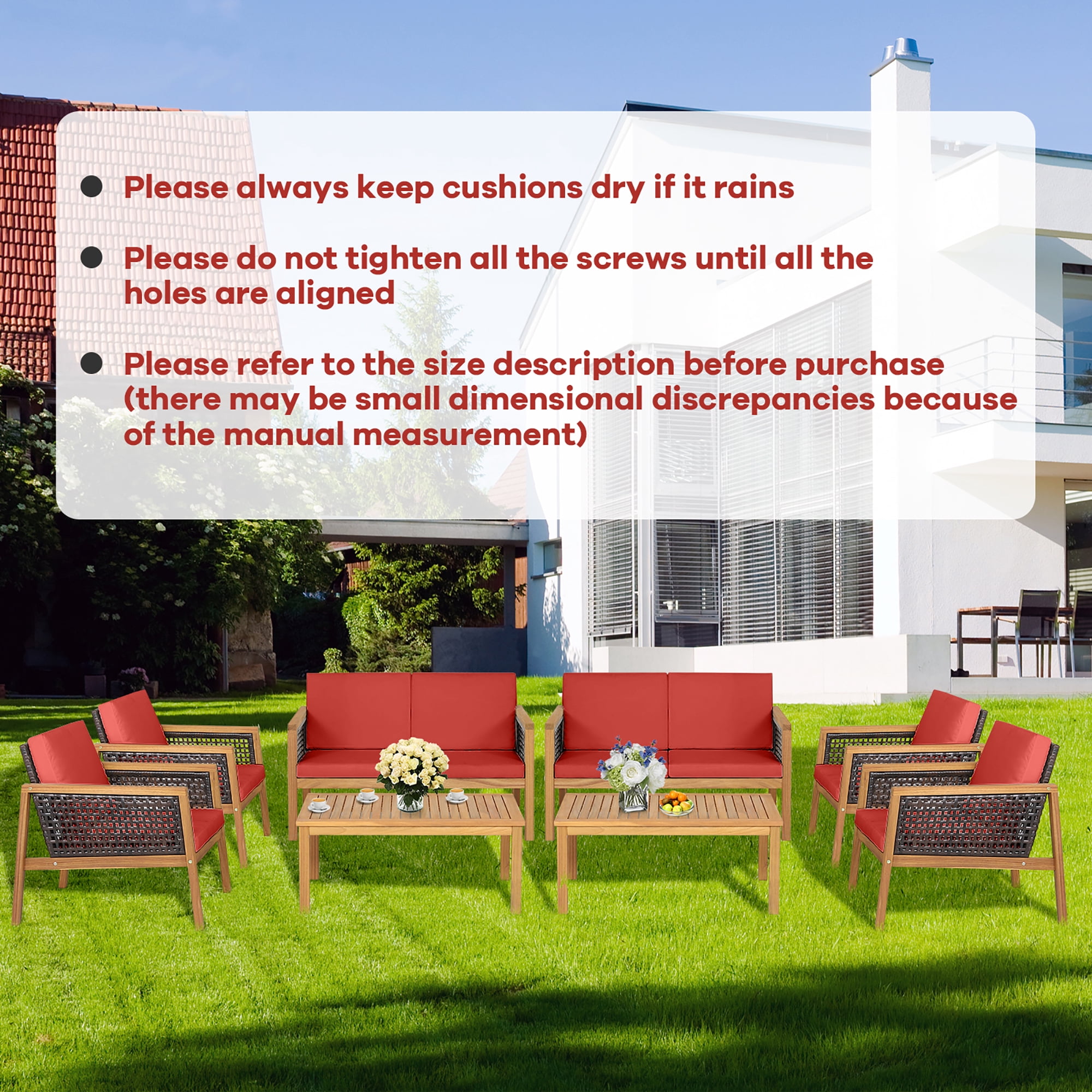 Costway 4PCS Patio Rattan Furniture Set Acacia Wood Cushioned Sofa Red