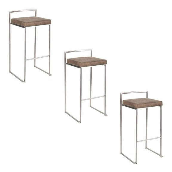 LumiSource Fuji Stacker 30" Fixed-Height Barstool - Set of 3 in Stainless Steel