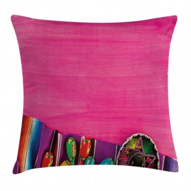 Mexican Decorations Throw Pillow Cushion Cover, View of Folkloric Serape Blanket Charro Hat and Music Instruments, Decorative Square Accent Pillow Case, 24 X 24 Inches, Fuchsia Purple, by Ambesonne
