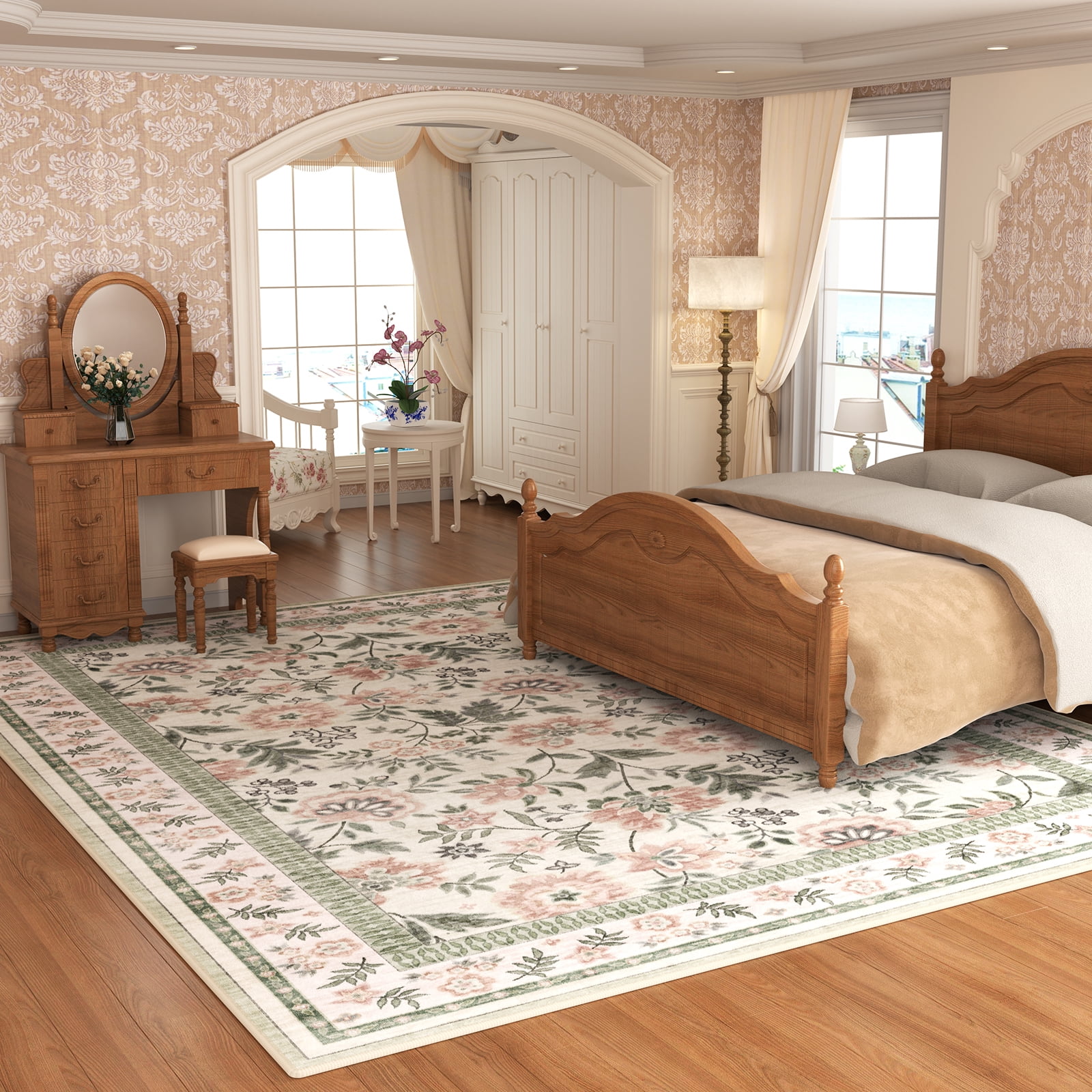 Washable Area Rug for Living Room, Curtilage 8'x10' Non-Slip Boho Pink Floral Print Indoor Rug, Soft Low Pile Stain Resistant Carpet for Bedroom