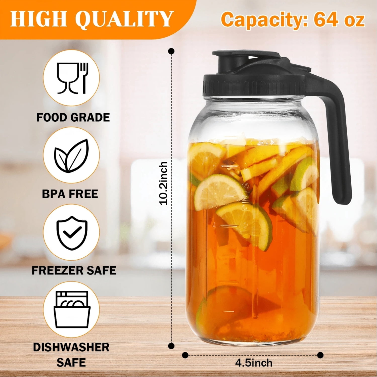 NTGFU 2 Pack 64 Oz Sun Tea Jar, Pitchers with Lid, Half Gallon Mason Jar Pitcher, Glass Pitchers with Lid, Sun Tea Pitcher for Ice Tea, Cold Brew Coffee, Breast Milk, Juices - Leak Proof