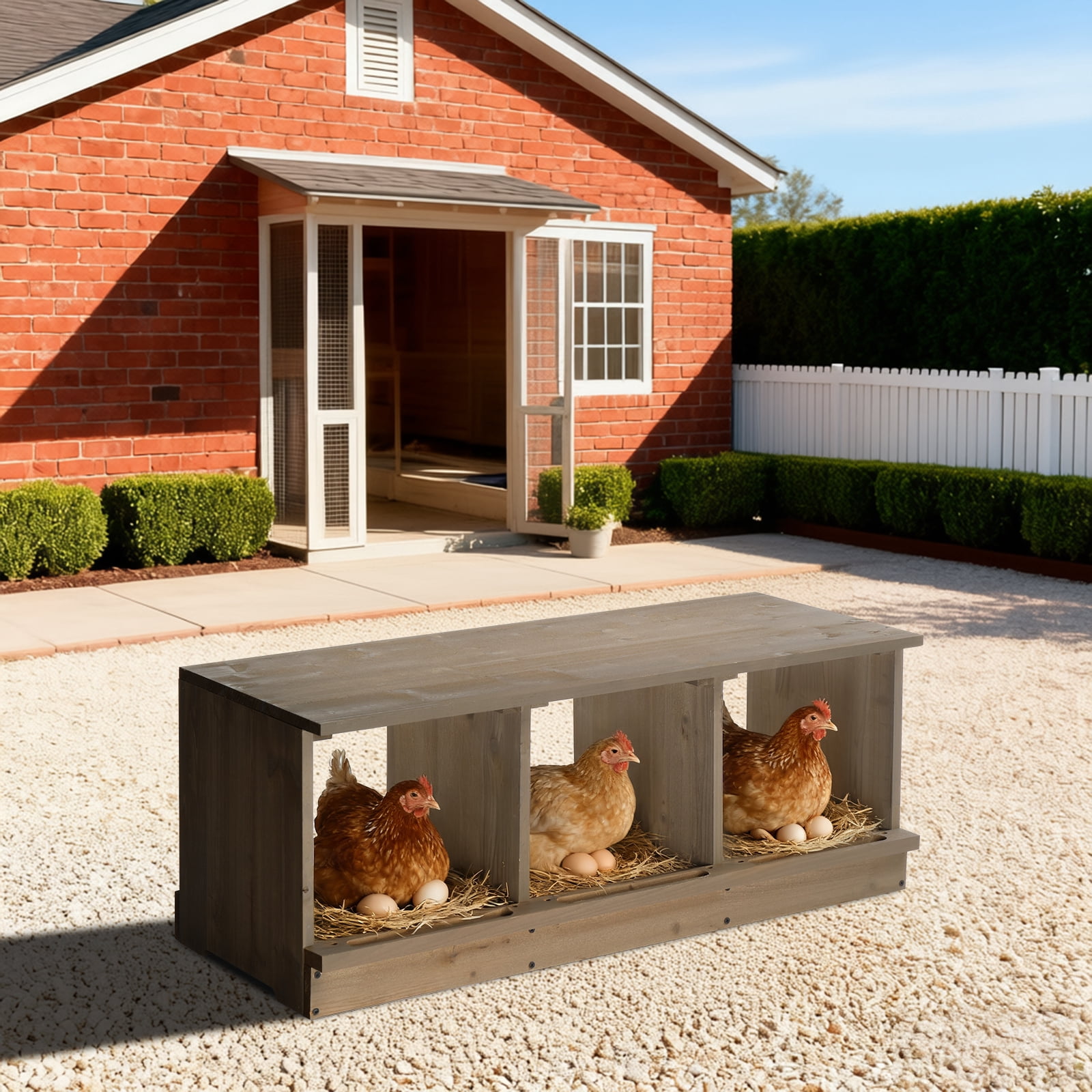 Gray 3-Compartment Wooden Chicken Nesting Box, Weather-Resistant Fir Wood Hen Nest Box with Perches, for Chickens Ducks Geese Rabbits