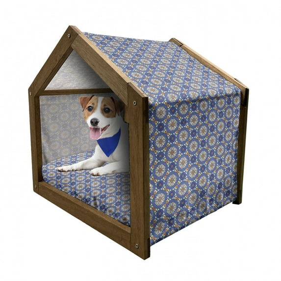 Geometric Pet House, Flower Portuguese Azulejo Pattern Oriental Influences, Outdoor & Indoor Portable Dog Kennel with Pillow and Cover, 5 Sizes, Violet Blue Orange Green, by Ambesonne