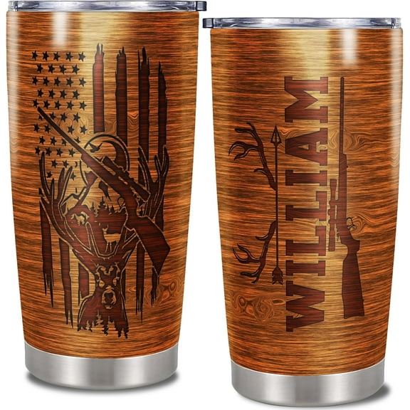 Personalized Hunting Tumbler Wood Style American Flag Design Insulated Cup with Lid Custom Name Tumblers Hunter Lovers Gift for Best Friends Christmas Father
