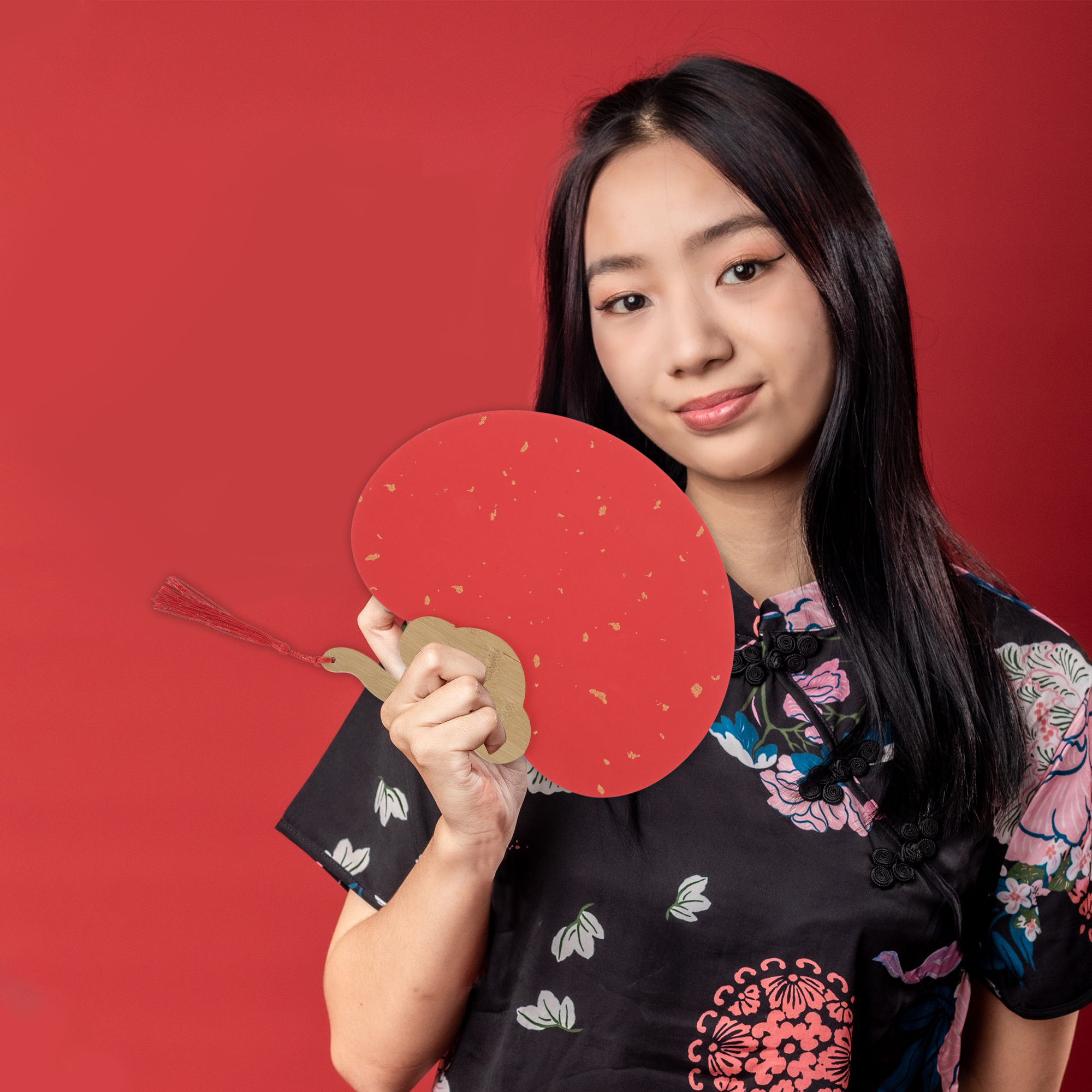 Unique Bargains Folding Fan Red Short Handle Round Ruyi