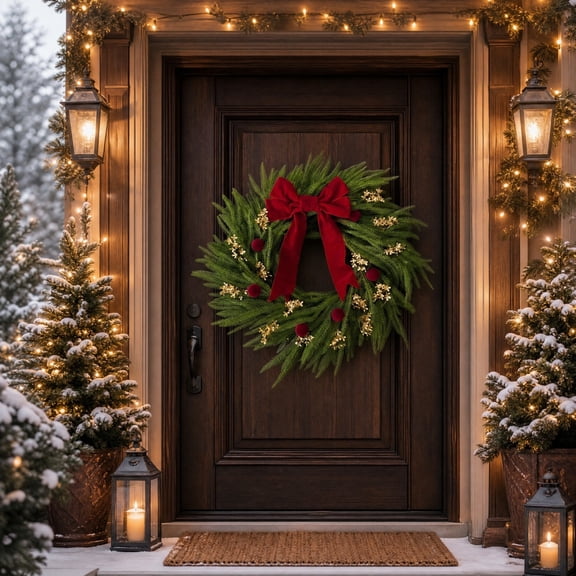 Artificial Norfolk Christmas Wreath with Red Berries and Large Bow, Plastic Holiday Door Wreath for Winter Indoor Outdoor Wall, Window, Mantle Decoration