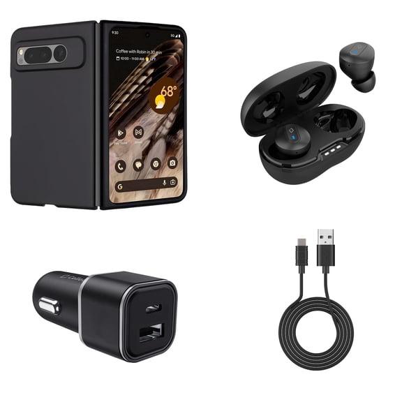 Premium Accessories for Google Pixel Fold - Snap-On Slim Protective Matte Finish Cover Phone Case (Black), Wireless Earbuds, 30W Dual (USB-C, USB-A) Car Charger, Type-C to USB Cable