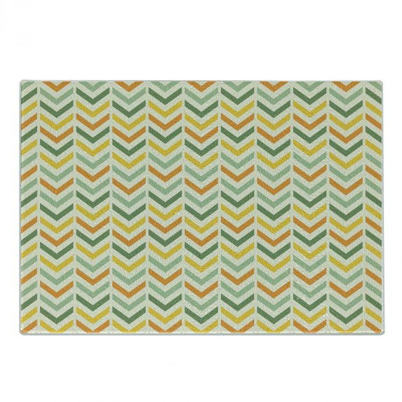 Chevron Cutting Board, Retro Countryside Colors Zigzags in Vertical Direction Striped Composition, Decorative Tempered Glass Cutting and Serving Board, Small Size, Green Yellow Orange, by Ambesonne