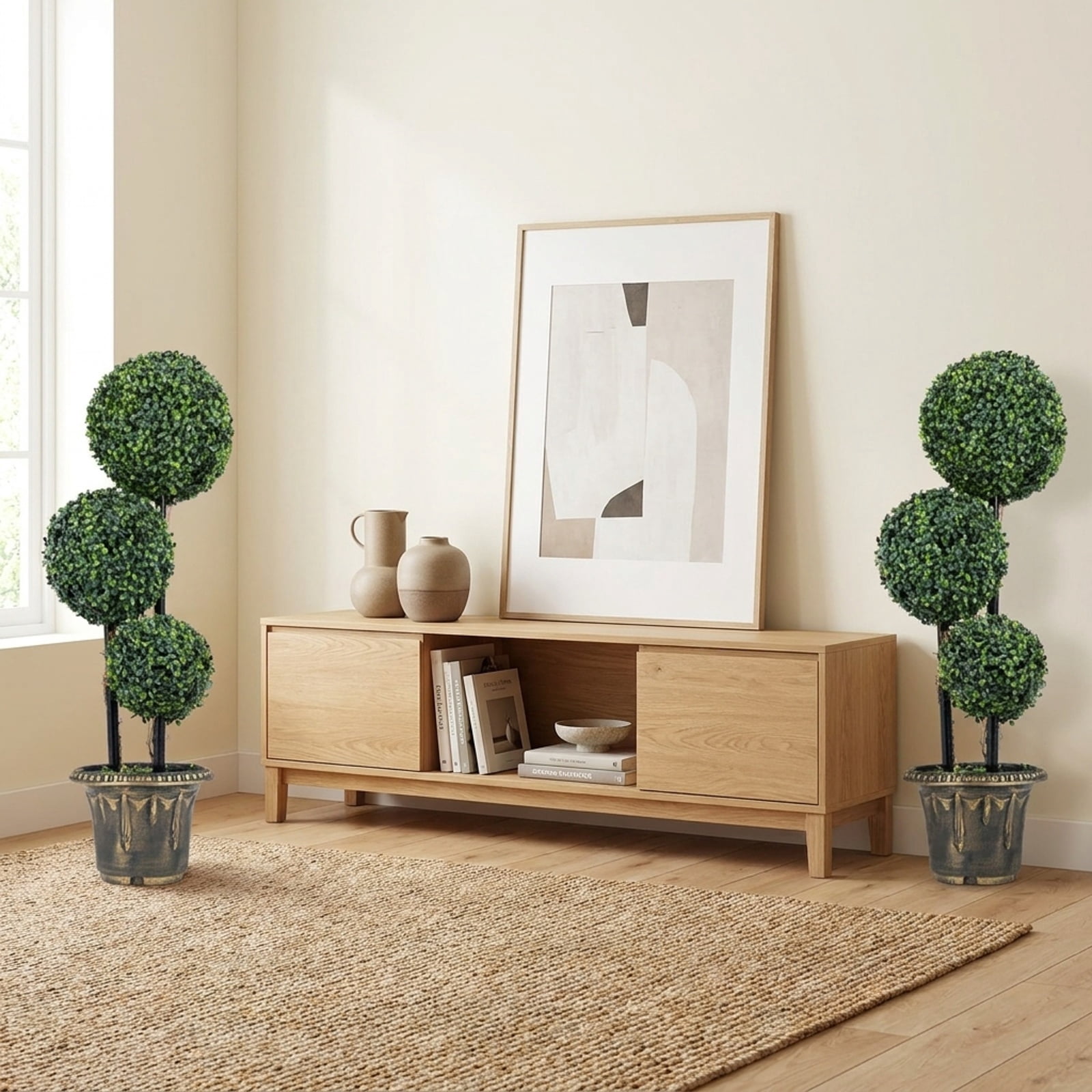 Vebreda Artificial Plant Decor, 2.5/3 FT Artificial Boxwood Topiary Tree Triple Ball Shrubs, Triple Ball Display, No-Care Daily Beauty