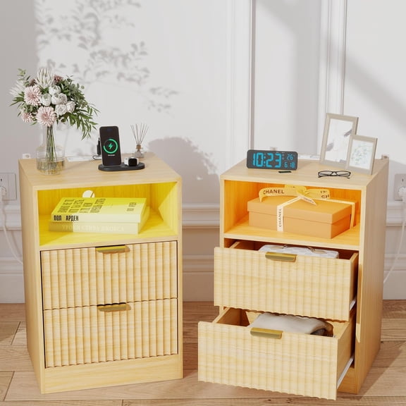 Night Stand Set 2, LED Nightstand with Charging Station,Wood Side Table,Fluted NightStands with 2 Drawers, End & Bedside Tables for Bedroom Sofa Office,Natural Oak