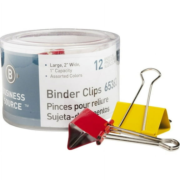 Business Source Colored Fold-back Binder Clips - Large - 2" Width - 1" Size Capacity - 12 / Pack - Assorted - Steel | Bundle of 5
