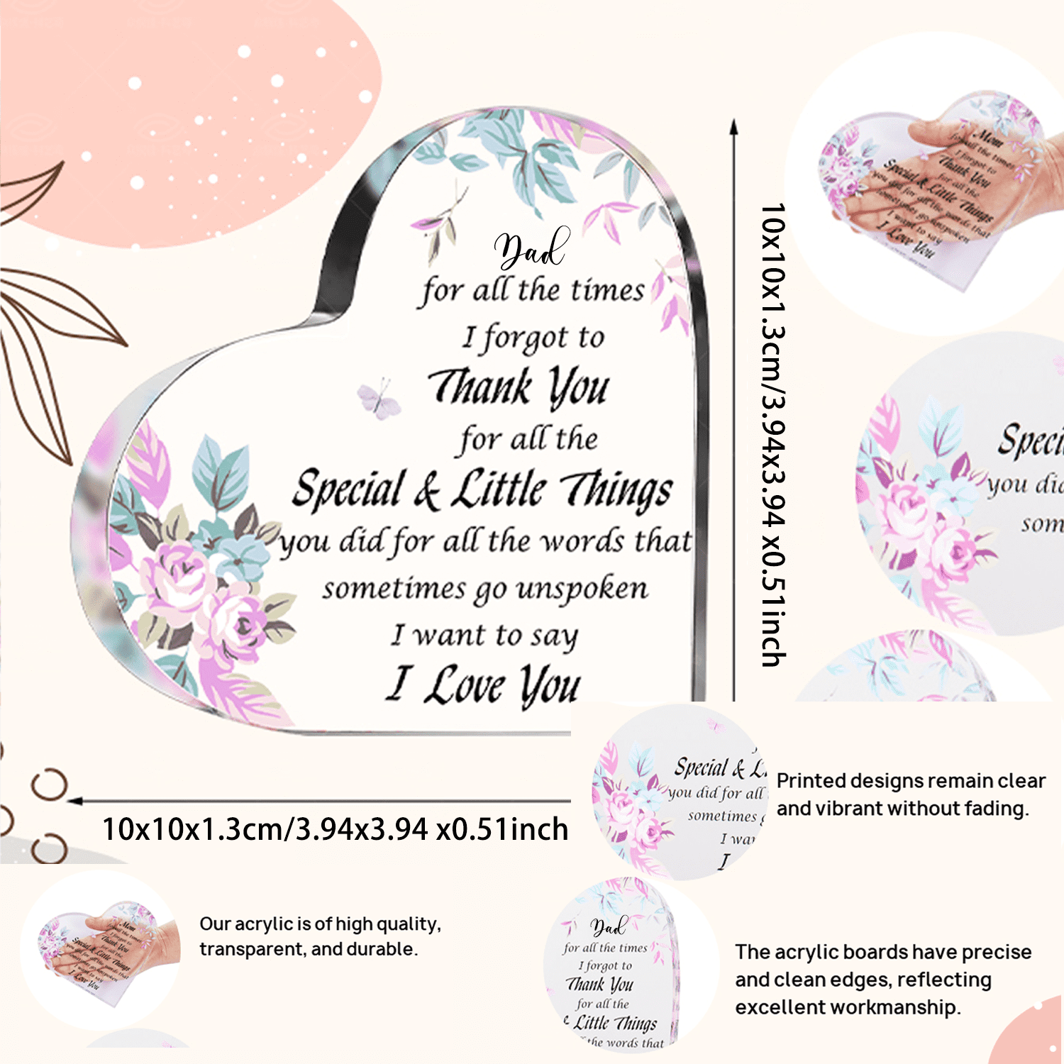 In Memory Of Dad Acrylic Heart Plaque - Sympathy Memorial Desk Decor Sign, Bereavement Gift