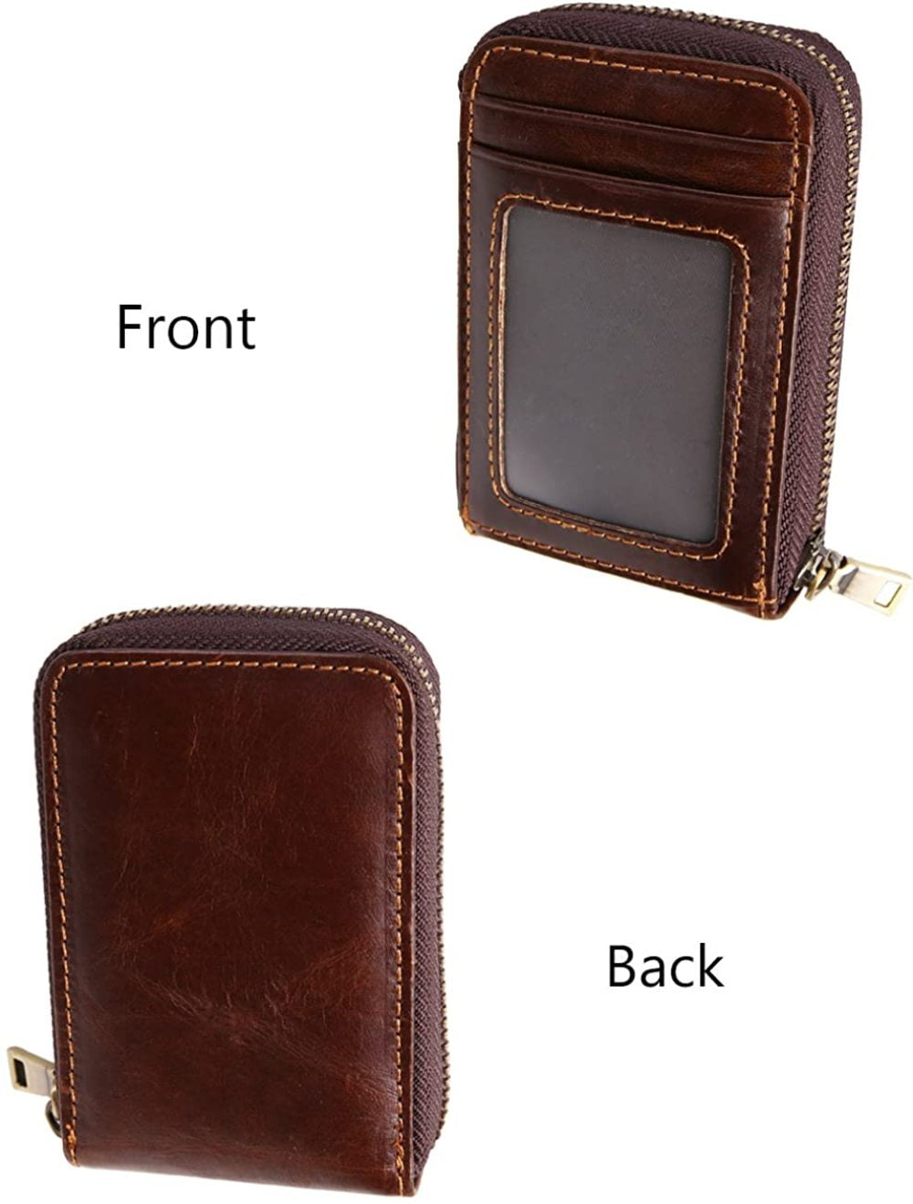 Brown iSuperb RFID Blocking Card Holder Wallet Vintage Genuine Leather Card Purse Zipper Closure Oil Wax Credit Card Small Wallet with ID Window for Men and Women 2.95x4.52x1.37 inch 