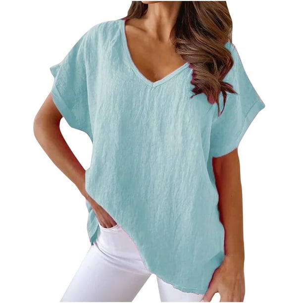 Blusa básica de manga corta para mujer, cuello en V, color sólido, informal, holgada Pompotops hkajfhjk463294