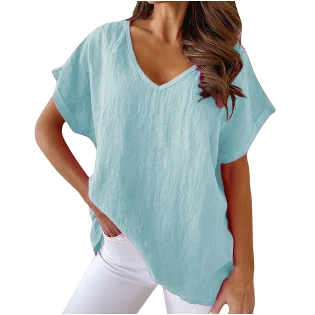 Pompotops Women's Short Sleeve Tops V Neck Solid Color Casual Shirts Loose Fit Basic Blouse