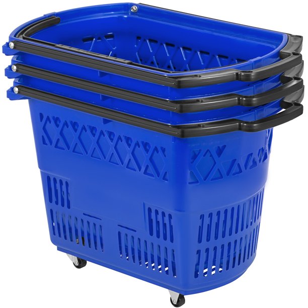 VEVOR 3PCS Shopping Carts, Blue Shopping Baskets with Handles, Plastic Rolling Shopping Basket