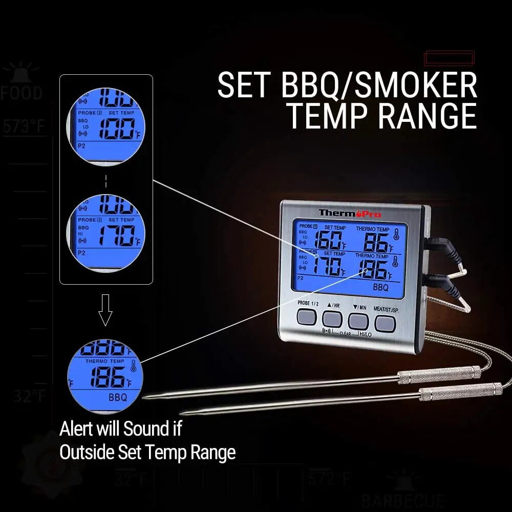 ThermoPro TP17 Dual Probe Cooking Meat Thermometer Large LCD Backlight Food Grill Thermometer with Timer Mode for Smoker Kitchen Oven BBQ