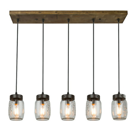 LNC Adjustable 5 Glass Mason Jar Kitchen Island Lighting Multi-Pendant Chandelier Wood Canopy,