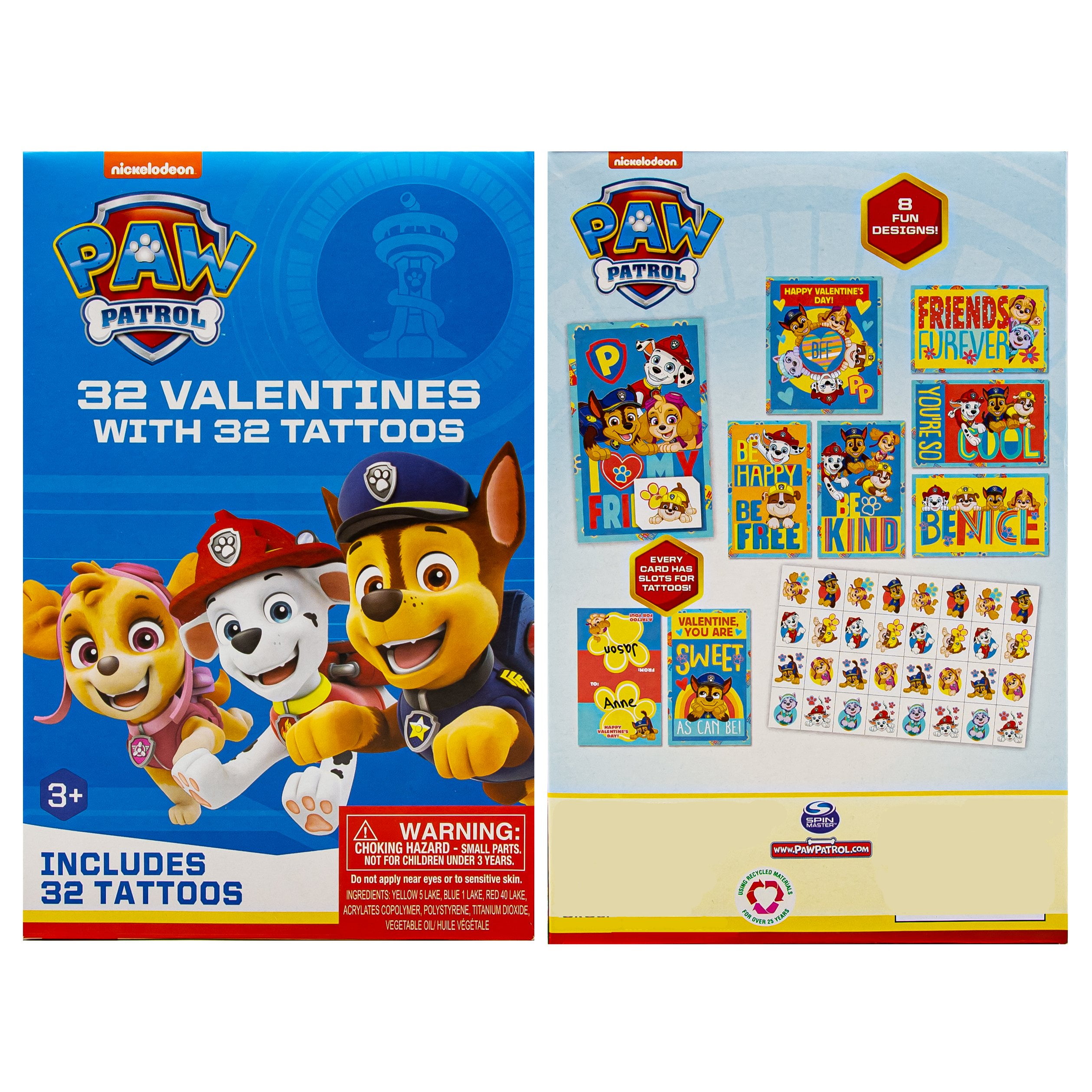 Nickelodeon Paw Patrol with Tattoos Box of 32 Valentines Day Cards 