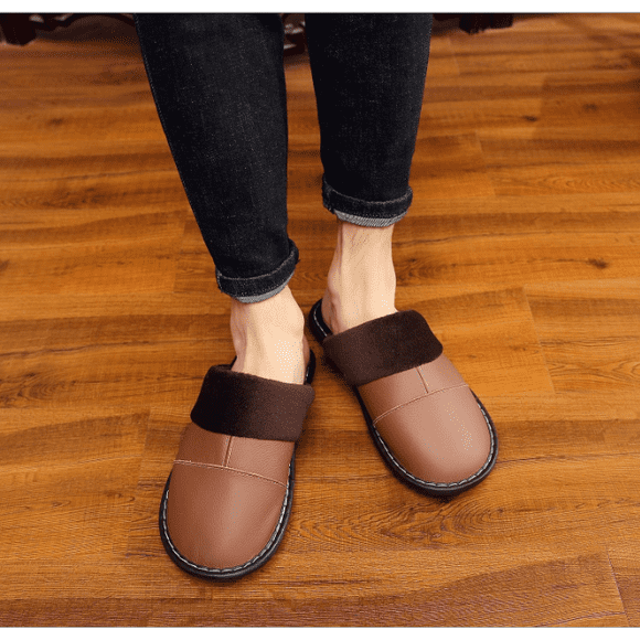 Leather slippers, room furnishings for men and women, leather non slip platform slippers, warm leather slippers (shoe length 27cm)
