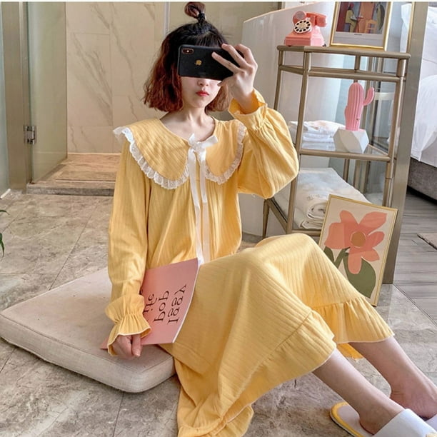 Pijama de manga larga para mujer, cuello de muñeca sobre la rodilla, corte de hada, estilo coreano, ropa de hogar, estilo princesa para mujer