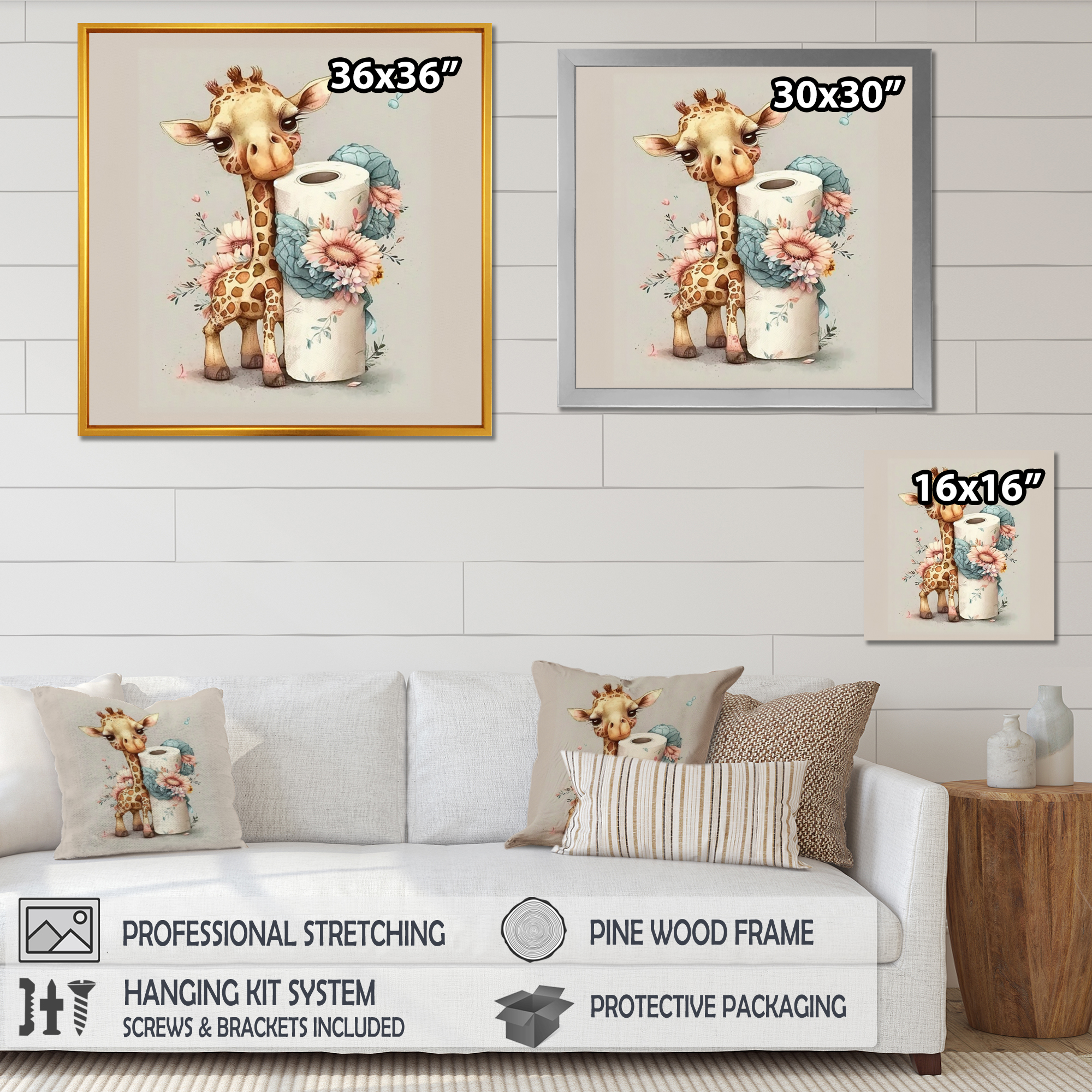 Designart Giraffe Building A Tower Of Toilet Paper Canvas Wall Art