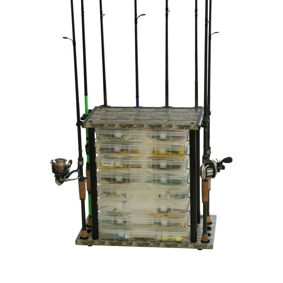 Old Cedar Outfitters Distressed Mini Typhoon Fishing Rod Rack with 8 Utility Boxes, 8 Rod Capacity