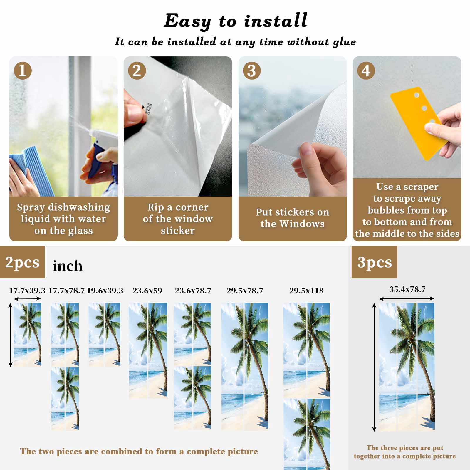 Ocean Beach Window Privacy Film, Coconut Tree Blue Sky Frosted Glass Window Clings Static Cling UV Heat Blocking Reusable Door Sticker for Bathroom 23.6 x 59 Inch