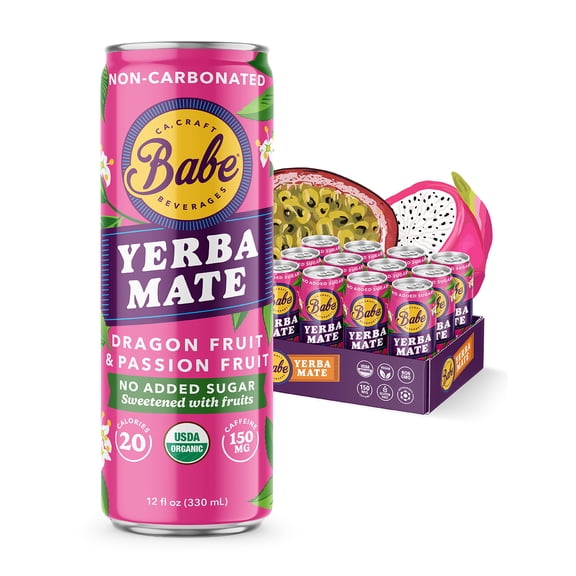 Babe Organic Yerba Mate Energy Drinks | NO SUGAR ADDED with 150mg Plant-Based Caffeine | Natural Yerba Mate Tea with No Crash, No Jitters - Dragon Fruit & Passion Fruit (12 x 12oz Cans)