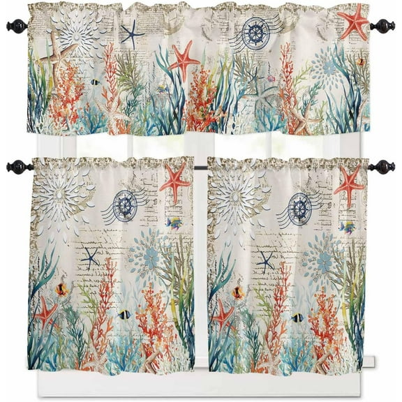 Coastal Ocean Kitchen Curtains and Valances Set, Rod Pocket Vintage Farmhouse Tier Curtains 24 Inch Length, 3 Piece Summer Nautical Starfish Short Cafe Drapes Coral Seaweeds Window Treatments Set