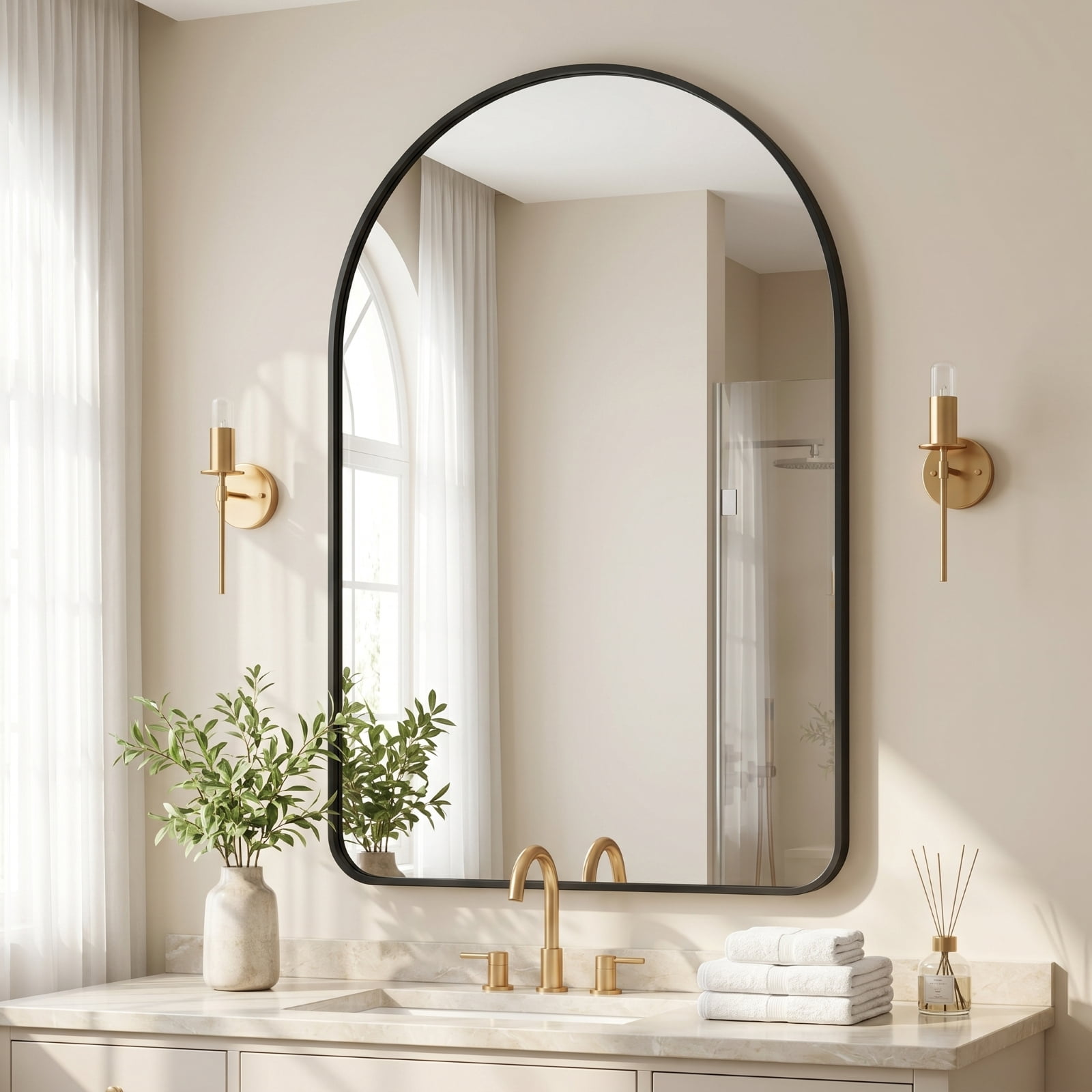 Gleamira 30"x50" Arched Bathroom Wall Mirror Rounded Corner Vanity Mirror with Metal Frame, Black