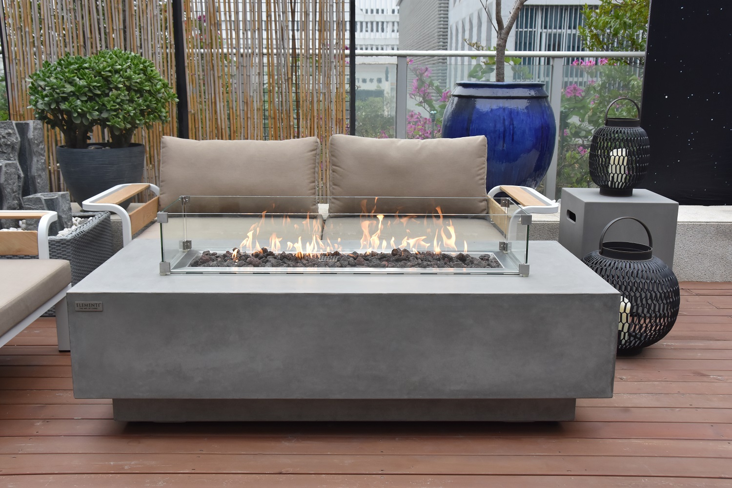 Elementi Metropolis Bowl 56 X 32 Inches Concrete Includes Burner Lava Rock Canvas Cover Fire Pit Table Liqud Propane Fire Tables Patio Lawn Garden