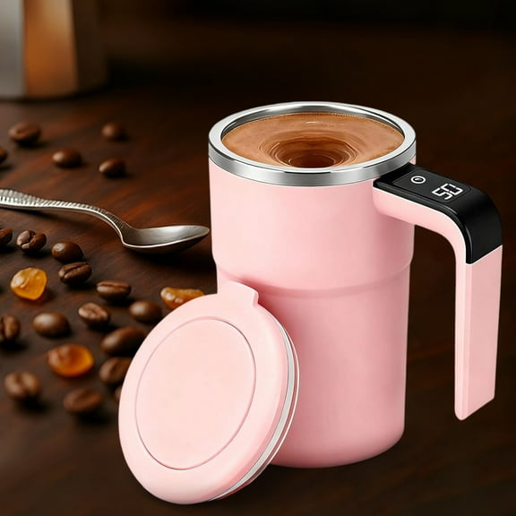 Self Stirring Mug 13 oz, Rechargeable Auto Magnetic Stirring Mixing Mug with Temperature Display, Stainless Steel Travel Coffee Cup for Office, Home, Kitchen, Best Gift (Pink)