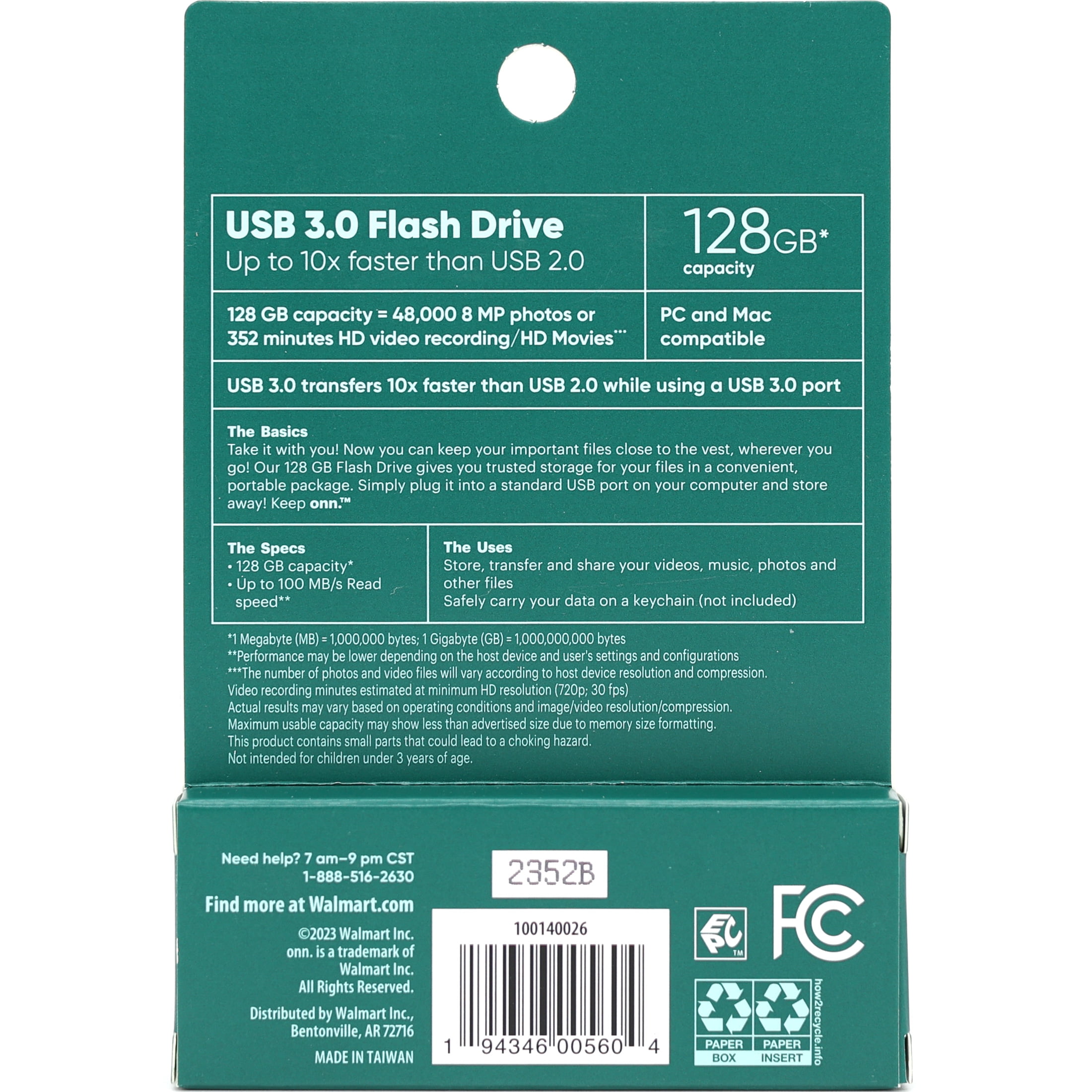 onn. USB 3.0 Flash Drive for Tablets and Computers, 128 GB Capacity
