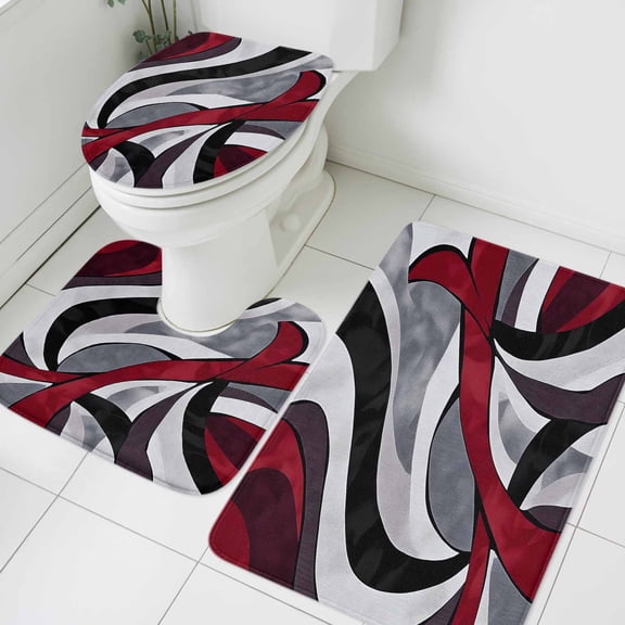 Black Red Twist Art Bathroom Rugs Set Abstract Modern Non Slip Absorbent Soft Bath Mats 3 Piece Set with Bathroom Rug, U-Shaped Floor Mat, Toilet Seat Cover Large Size