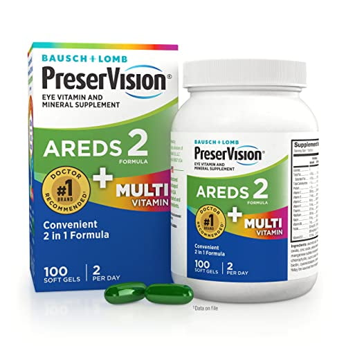PreserVision AREDS 2 + Multivitamina 2 en 1 para ojos contiene vitamina C, E y cápsulas blandas de zinc El embalaje puede variar, 100 unidades