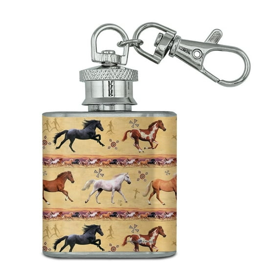 Horses Southwestern Border Pattern Stainless Steel 1oz Mini Flask Key Chain
