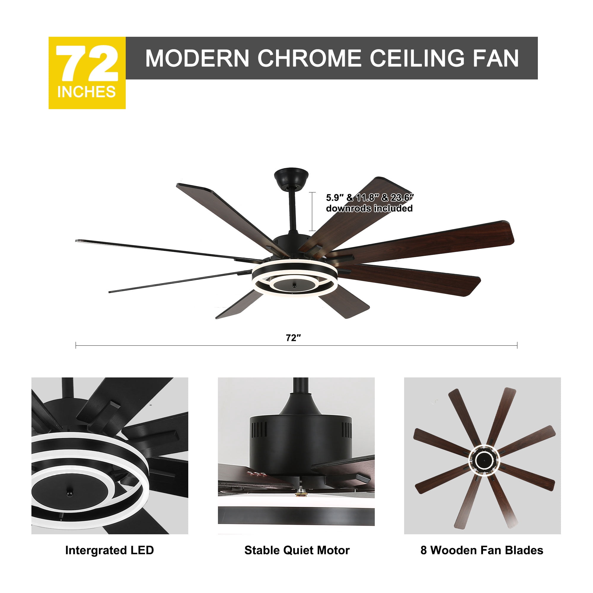 Chords Attic 72" Reversible 8-Blade Ceiling Fan with LED Lights, Remote 3-Color, 6-Speed and Timer