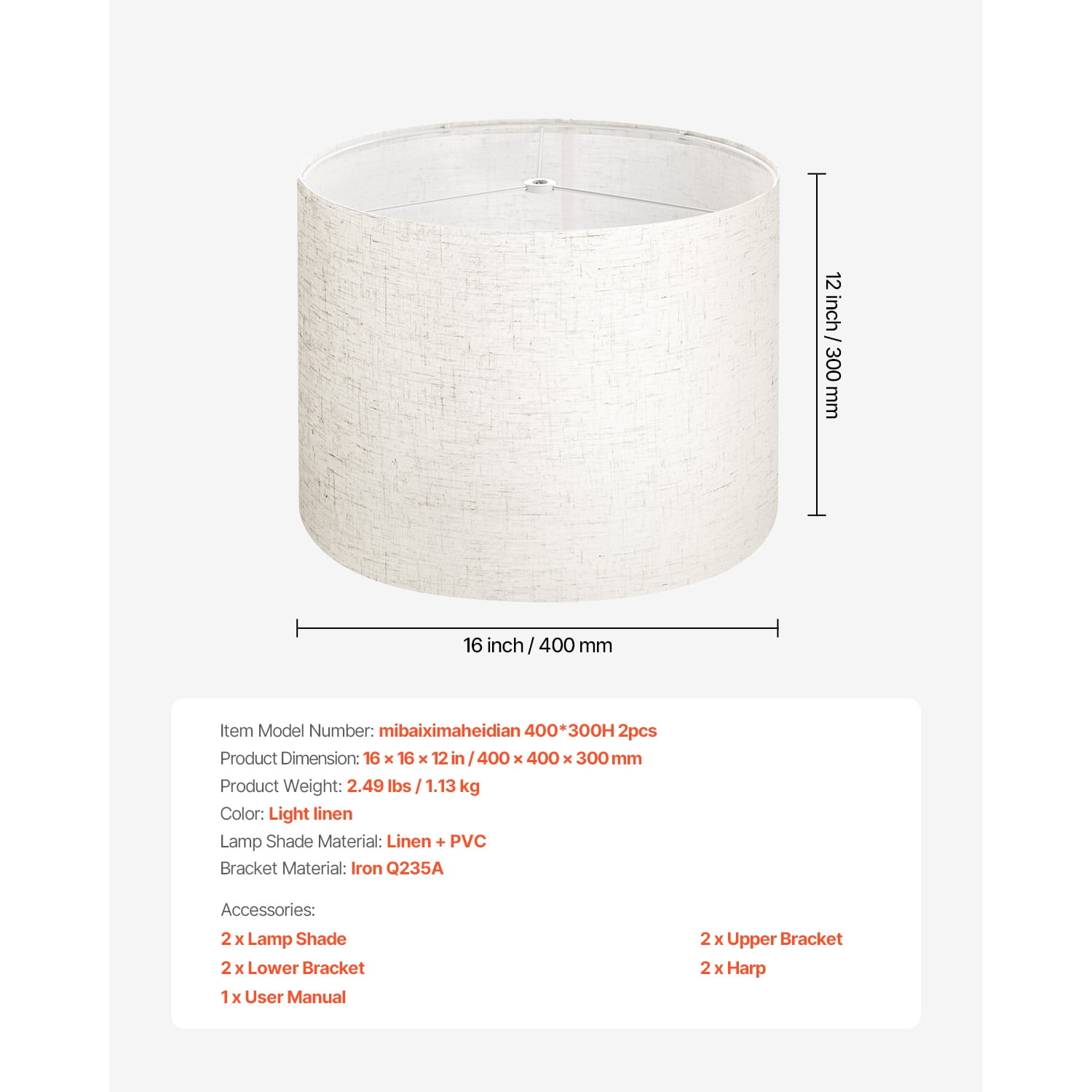 KFFKFF Set of 2 Drum Lamp Shades, 16 in Top x 16 in Bottom x 12 in Height, Large Replacement Shades for Table, Floor, and Pendant Lamps, Includes Harp, Simple Assembly Needed (Light Linen)
