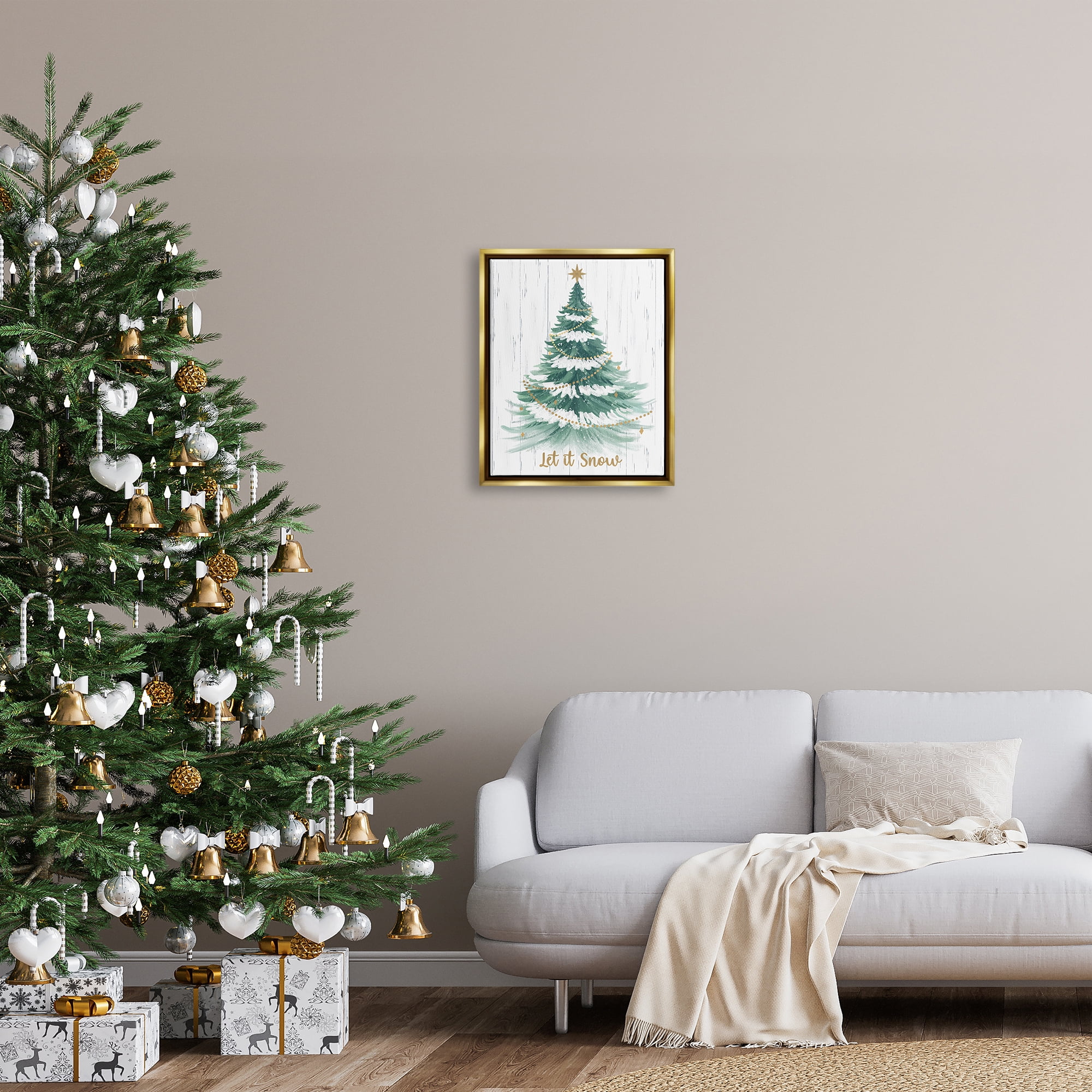 Stupell Industries Let it Snow Rustic Tree Holiday Painting Gold Floater Framed Canvas Art Print Wall Art, 17 x 21