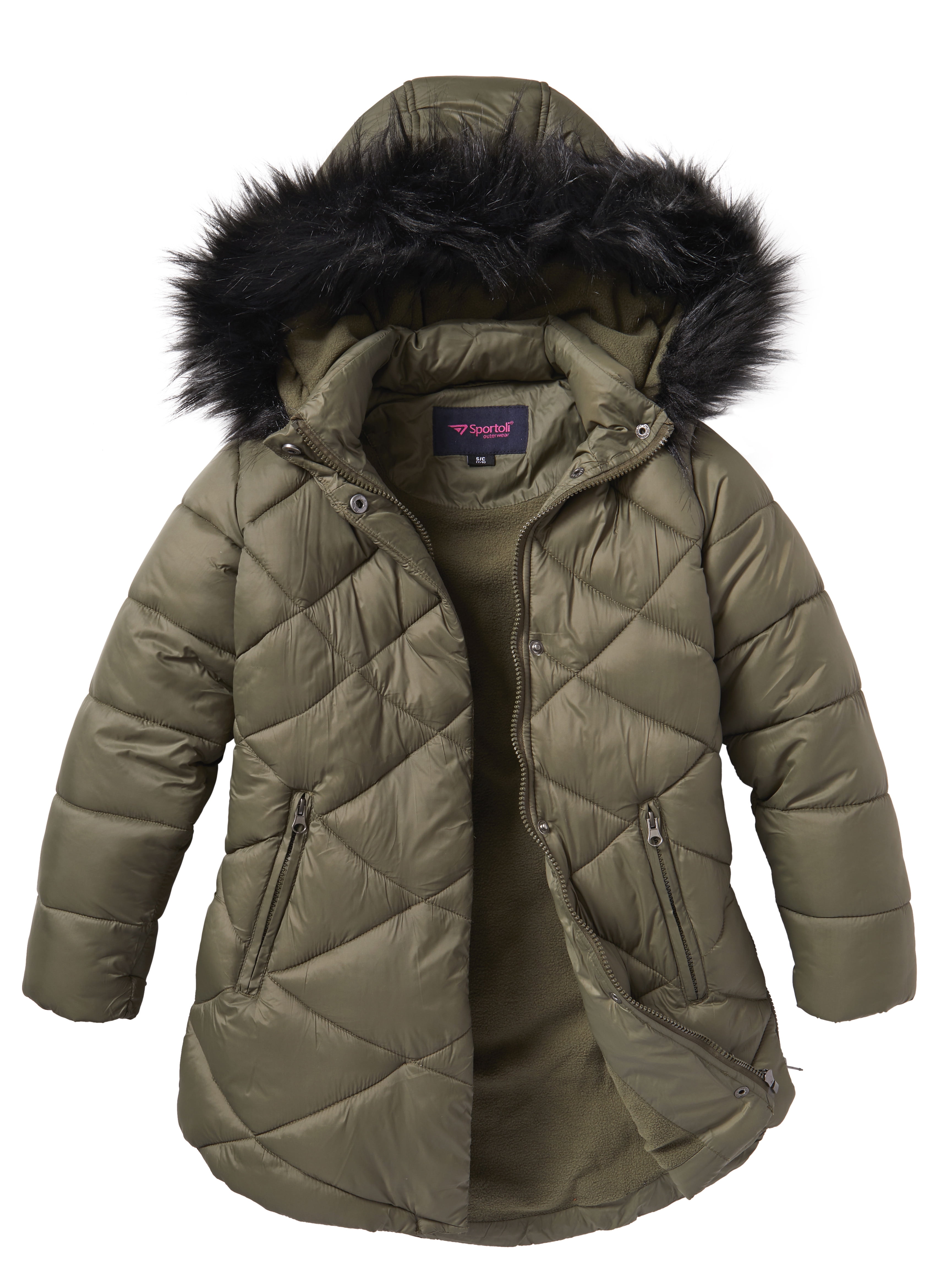 Girls Quilted Fleece Lined Winter Puffer Jacket Coat Faux Fur Trim Zip-Off Hood