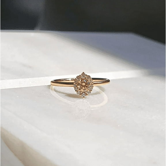 Natural Brown Diamond Halo Engagement Ring in 14 k Rose Gold Finish - Bridal Halo Ring - Gift For her