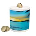 thumbnail image 1 of Sea Piggy Bank, Idyllic Sunrise Scenery Calm Seascape with a Fishing Boat Tranquility, Ceramic Coin Bank Money Box for Cash Saving, 3.6" X 3.2", Azure Blue Orange, by Ambesonne, 1 of 4