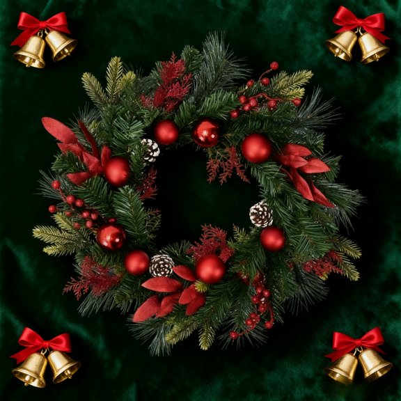 24 Inch Glittered Christmas Pine Wreath | Front Door Wreath with Golden Balls, Pinecones & Berries | Indoor Outdoor Xmas Decor for Fireplace, Wall, Window, Holiday Season