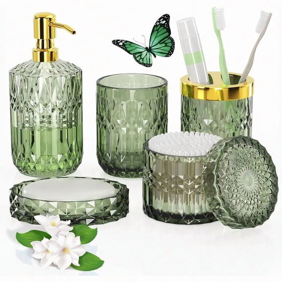 5-Piece Gradient Glass Bathroom Set: Vintage Soap Dispenser With Dish, Toothbrush Holder, Tumbler & Cotton Swab Jar. A Complete Organizer & Modern Decor Housewarming Gift.
