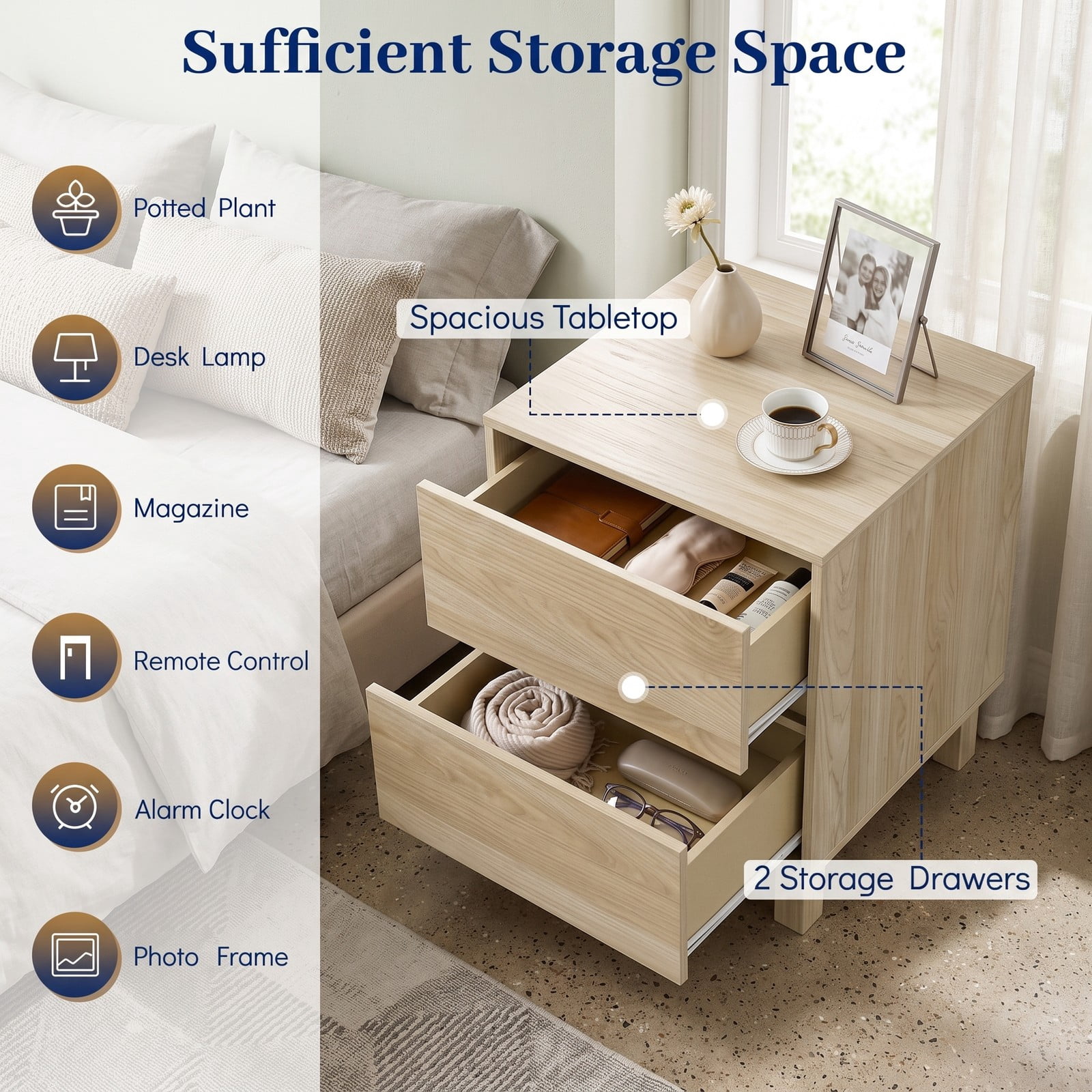 Furnibear Modern Wooden End Table with 2 Storage Drawers, Nightstand Side Table with Elevated Legs and Anti-Toppling Device for Living Room Bedroom Study, Natural