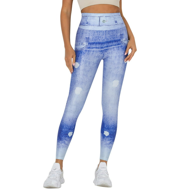 Clearance Women's Denim Print Fake Jeans Look Like Leggings Seamles  Stretchy High Waist Slim Skinny Jeggings with Pockets Full Length 
