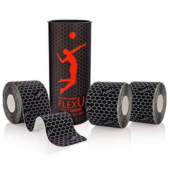 FlexU Black Kinesiology Tape - 3 Roll Value Pack - 60 Pre-Cut 10 Inch Strips - Hypoallergenic Longer Lasting Pro Grade - Therapeutic Recovery Synthetic Athletic Muscle Tape - Water Resistant